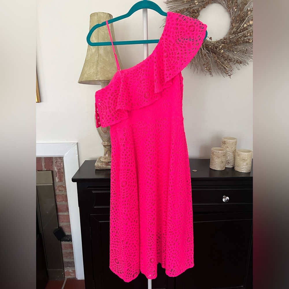 One shoulder, hot pink, Lily Pulitzer dress with strap on bare shoulder